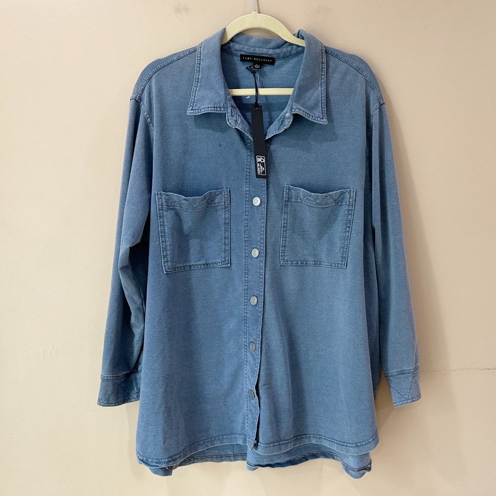 Jane Delancey Women's Plus 3X Blue Denim Knit Button Down Shirt Jacket Top New